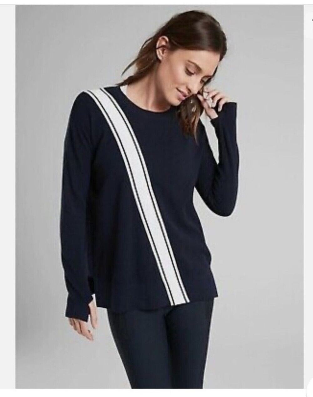 Athleta Navy Blue Streetwise Sweater Stripe Long Sleeve Thumbholes, Size Small